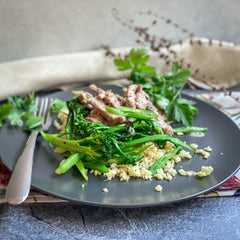 beef stroganoff with greens and caulirice AIP