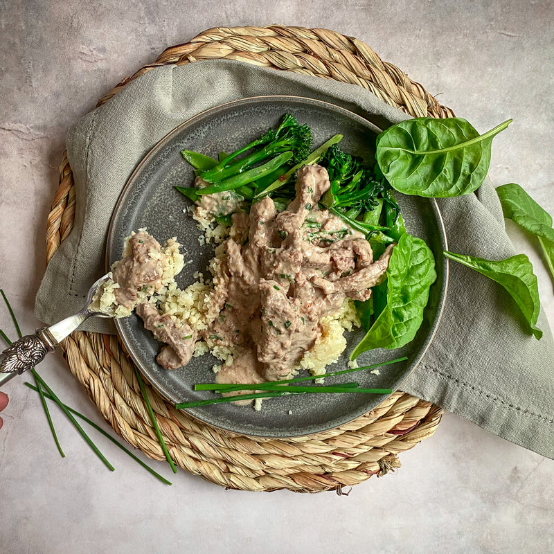 beef stroganoff with greens and caulirice AIP